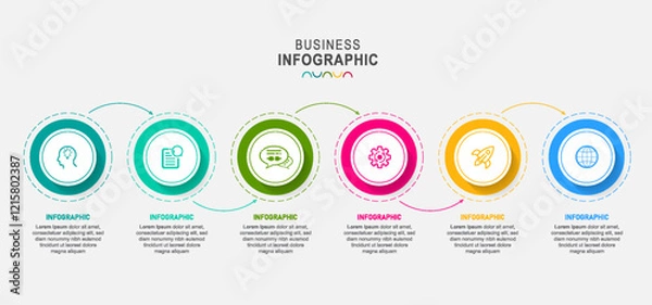 Fototapeta infographics timeline design template 6 icons with integrated circles background. Blank space for content, business, infographic, diagram, digital network, flowchart, process