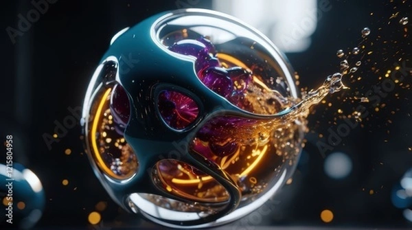 Fototapeta A futuristic metallic sphere with glowing orange liquid inside is encased in a perforated shell. The dynamic splash effect enhances the sci-fi and surreal composition.