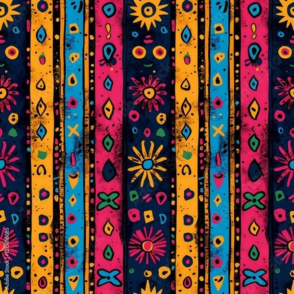Fototapeta Vibrant ethnic seamless pattern with colorful vertical stripes decorated with tribal sun symbols, hearts and abstract geometric elements. Perfect for fabric and textile design.