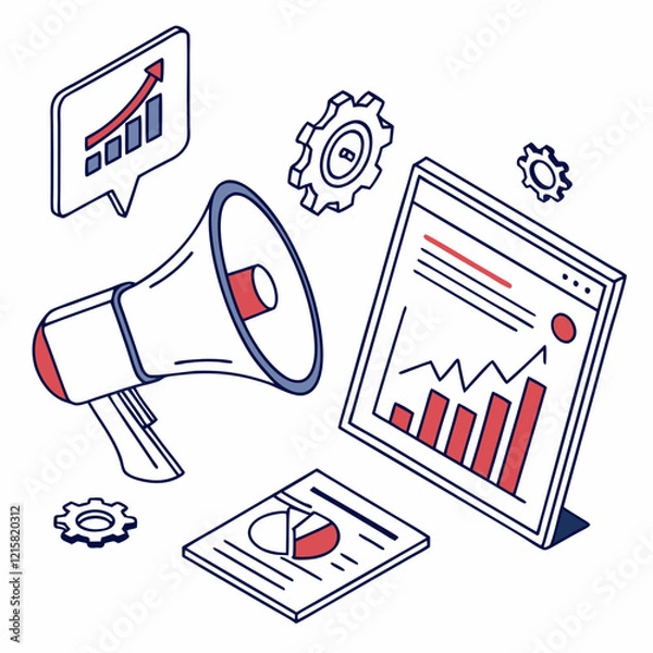 Fototapeta Professional 3D Digital Marketing Concept Illustration with Icons like Megaphone, Analytics, and Graphs on Transparent Background, Perfect for Business and Advertising