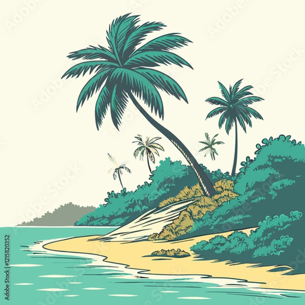 Fototapeta Beautiful Tropical Island with Palm Trees, Sand, and Crystal Clear Water in Vibrant 3D Vector Style on Transparent Background, Perfect for Vacation-Themed Designs