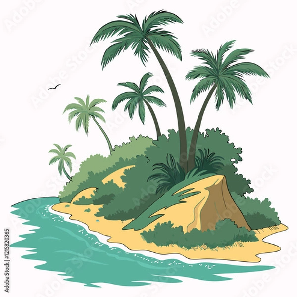 Fototapeta Beautiful Tropical Island with Palm Trees, Sand, and Crystal Clear Water in Vibrant 3D Vector Style on Transparent Background, Perfect for Vacation-Themed Designs