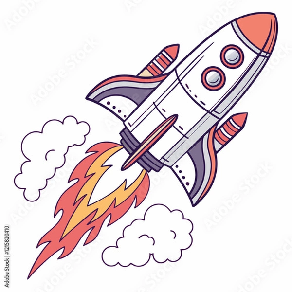 Fototapeta Dynamic 3D Spaceship Blasting Off with Flames and Smoke Trails in Vibrant Colors on Transparent Background, Perfect for Futuristic and Sci-Fi Concepts