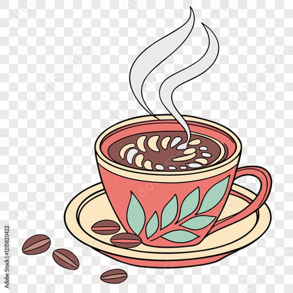 Fototapeta Realistic Coffee Cup with Rising Steam, Latte Art, and Vibrant 3D Vector Style on Transparent Background, Perfect for Cafe or Beverage-Themed Graphic Designs