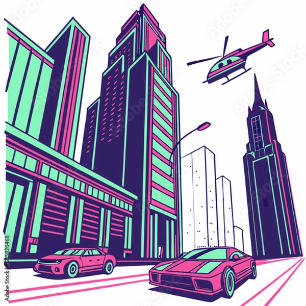 Fototapeta Vibrant Futuristic Neon Cityscape with Towering Skyscrapers, Flying Cars, and Glowing Lights in a Stunning 3D Vector Style on Transparent Background, Perfect for High-Tech Urban Themes