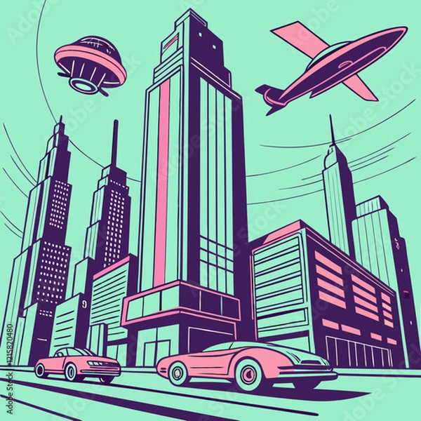 Fototapeta Vibrant Futuristic Neon Cityscape with Towering Skyscrapers, Flying Cars, and Glowing Lights in a Stunning 3D Vector Style on Transparent Background, Perfect for High-Tech Urban Themes