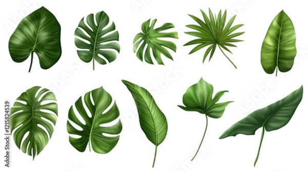 Fototapeta a variety of green leaves. illustrating different shapes and textures. commonly found in tropical and subtropical environments this collection can be used for design. decoration. or educational purpos