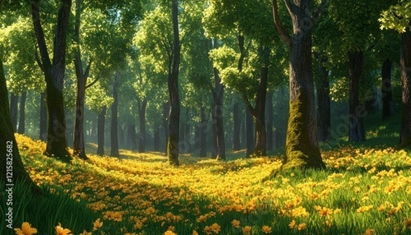 Fototapeta A serene anime forest with slender trees and yellow flowers in warm sunlight 1. Generative AI