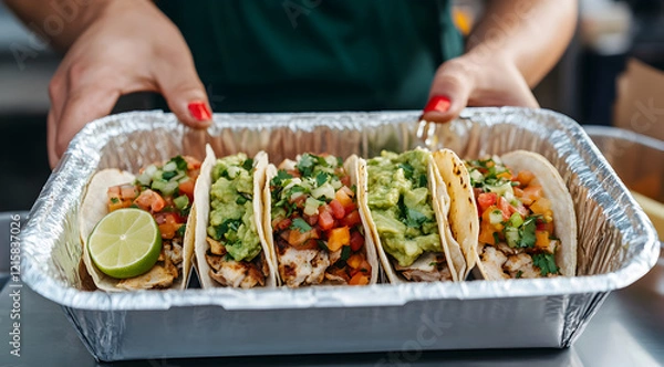 Obraz A delicious platter of four tacos topped with fresh ingredients, lime, and served in a disposable tray, perfect for enjoying a flavorful meal.