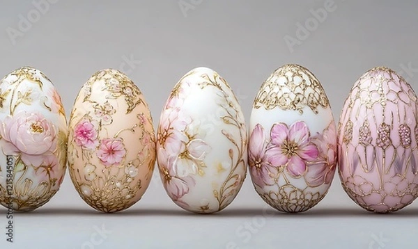 Fototapeta Easter eggs in a row, against a white background. The eggs feature floral and gilded patterns in pink tones, with gold leafing.