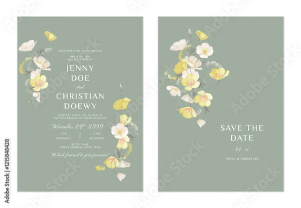 Obraz wedding invitation and save the date template set of delicate white and yellow California Poppy flowers on a soft sage green background, adding a calming and sophisticated atmosphere