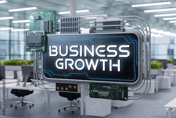 Fototapeta Close-up of a modern illuminated sign displaying the words Business Growth in bold white 3D letters. Illuminated Business Growth sign