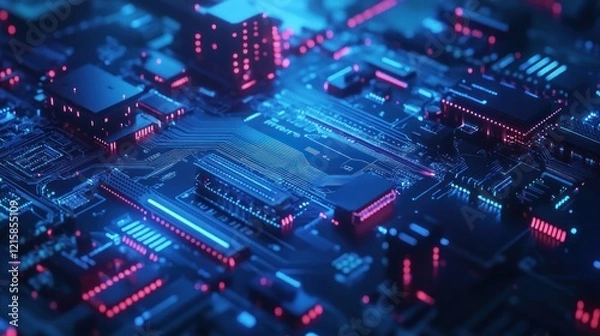 Fototapeta Futuristic Circuit Board Closeup, Neon Glow, Technology Background,  Digital Illustration