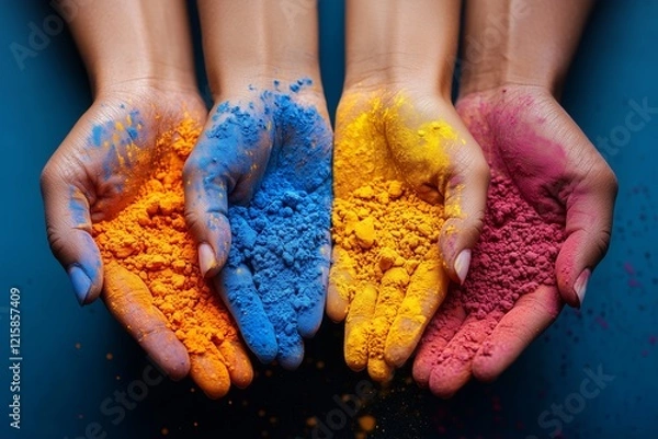Obraz close-up partial view of young people holding colorful powder in hands at holi festival