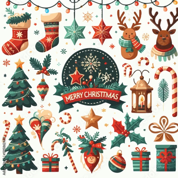 Fototapeta vector illustration of cute cartoon-style Merry Christmas with Santa Claus, a Christmas Tree, deer