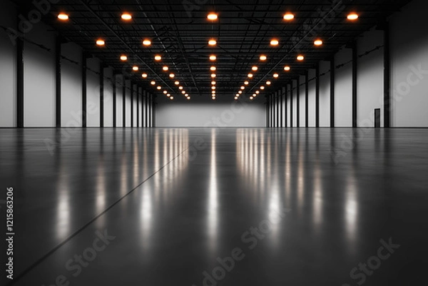 Fototapeta modern, empty industrial space with polished floors and overhead lights creating reflective ambiance. minimalist design emphasizes spaciousness and simplicity