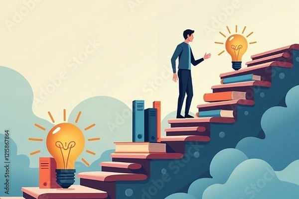 Fototapeta A stylized vector illustration of a person walking up a staircase shaped like a winding road, each step containing icons of books, tools, and lightbulbs, symbolizing continuous learning and innovation
