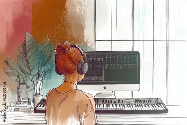 Fototapeta POV Illustration of Music Production at a Desktop Workstation