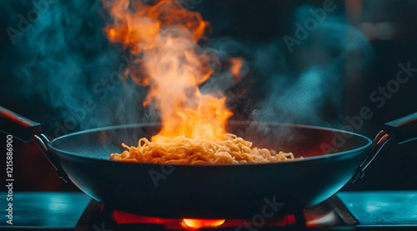 Fototapeta A vibrant wok of noodles cooks over a flame, creating an enticing display of steam and fire in a modern kitchen setting.