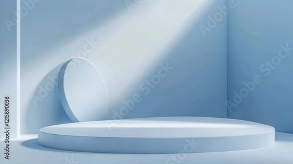 Fototapeta Blue minimalist product display, sunlight, corner studio, background