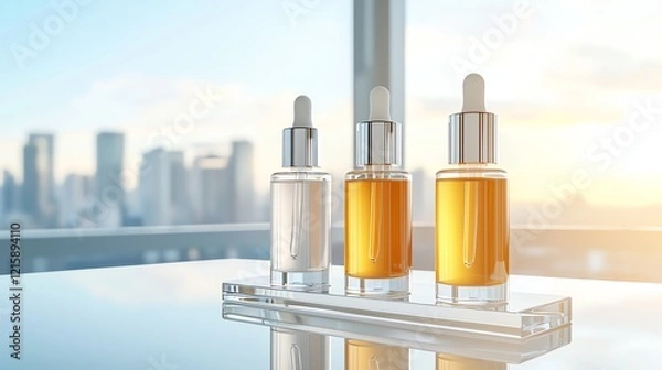 Fototapeta Three elegant dropper bottles on a reflective surface with a city skyline blurred in the background, capturing a modern aesthetic.