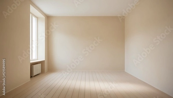 Fototapeta Minimalist beige empty room with large window and wooden floor