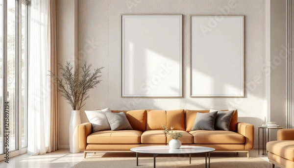 Fototapeta a large window with white curtains, a comfortable brown couch with two throw pillows, and two blank white picture frames on the wall above the couch. Cozy modern living room with photo frame design