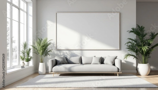 Fototapeta a gray sofa with white pillows, a large white picture frame on the wall, and two potted plants on either side of the sofa. Cozy modern living room with photo frame design