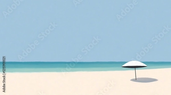 Fototapeta A serene beach scene featuring a single umbrella on golden sand, with calm turquoise waters and a clear blue sky.