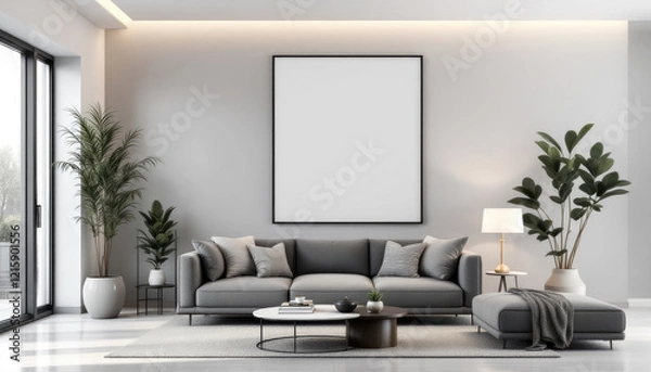 Fototapeta a gray sofa with three throw pillows, a coffee table, and two potted plants. Cozy modern living room with photo frame design