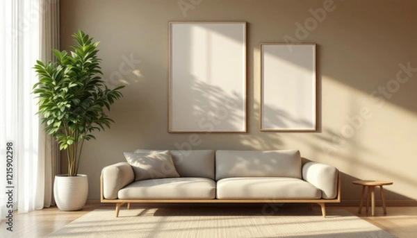 Fototapeta a beige sofa with two white pillows, a wooden side table, and a large potted plant. Cozy modern living room with photo frame design