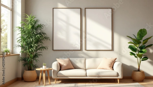 Fototapeta a white sofa with two tan pillows, a wooden side table, and two potted plants. Cozy modern living room with photo frame design