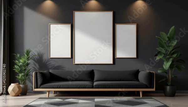 Fototapeta a black sofa with a geometric rug in front of it, and three blank picture frames hanging on the wall above the sofa. Cozy modern living room with photo frame design