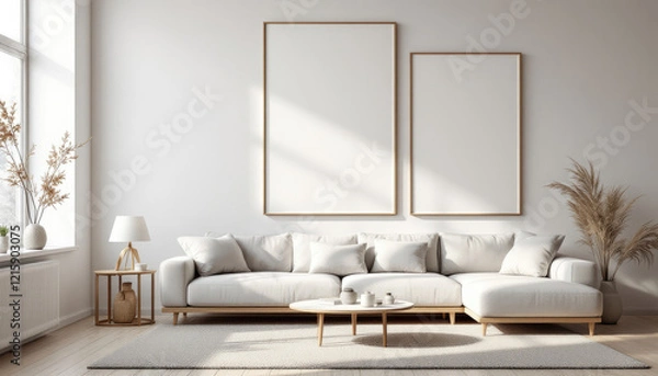 Fototapeta a large white sectional sofa with a coffee table in front of it, and two large blank picture frames hanging on the wall above the sofa. Cozy modern living room with photo frame design