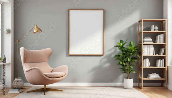 Fototapeta a pink armchair, a floor lamp, a bookshelf with books, a plant, and a blank picture frame on the wall. Cozy modern living room with photo frame design