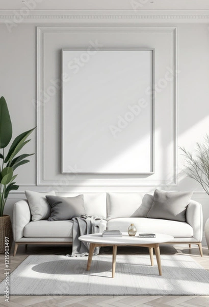 Fototapeta a white sofa with gray pillows, a coffee table, and a large white picture frame on the wall above the sofa. Cozy modern living room with photo frame design