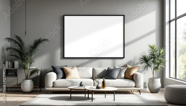 Fototapeta a large white sofa with multiple throw pillows, a coffee table, and a large blank picture frame on the wall above the sofa. Cozy modern living room with photo frame design