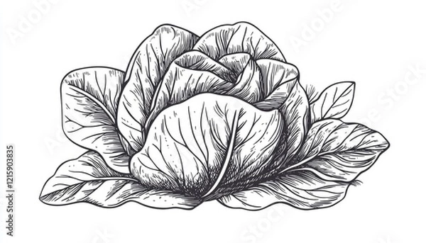 Fototapeta A detailed black and white illustration of a cabbage with intricate leaf patterns.
