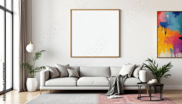 Fototapeta a large white couch with gray pillows, a coffee table, and a large window with a white curtain. Cozy modern living room with photo frame design