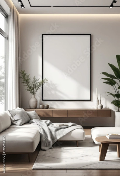 Fototapeta a large white sectional sofa, a wooden coffee table, a large blank picture frame, and a large window with white curtains. Cozy modern living room with photo frame design