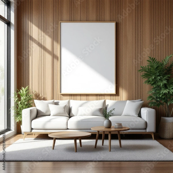 Fototapeta a large white sofa with three pillows, a wooden coffee table, and a large blank picture frame on the wall. Cozy modern living room with photo frame design