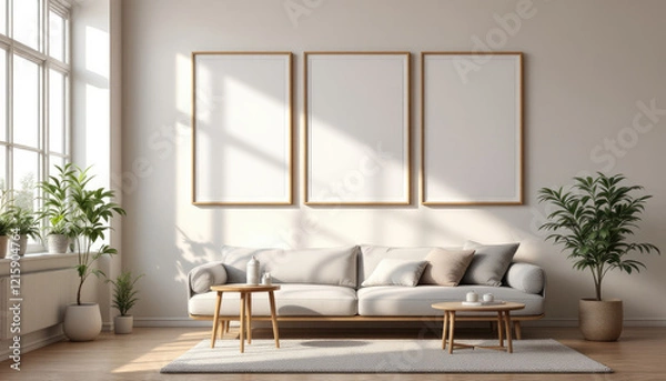Fototapeta a white sofa with three empty picture frames above it, a coffee table, and two potted plants. Cozy modern living room with photo frame design