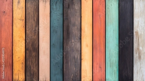 Fototapeta Vibrant and Weathered Wooden Planks Showcasing a Spectrum of Colors in Perfect Harmony Together. Woodwork, Craftsmanship, Restoration Concept