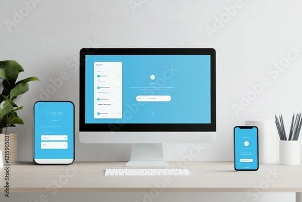 Fototapeta Desktop computer and mobile phone mockup showcasing a SaaS platform interface, in a minimalist office