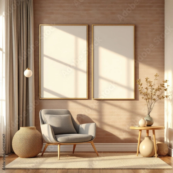 Fototapeta a gray armchair, a small side table with a vase of flowers, and two blank picture frames on the wall. Cozy modern living room with photo frame design