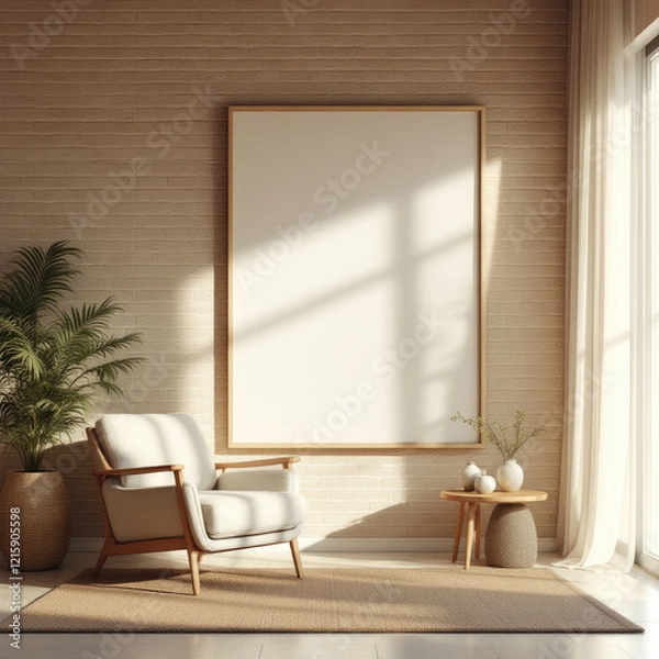 Fototapeta a white chair, a small side table with a vase of flowers, and a large blank picture frame on the wall. Cozy modern living room with photo frame design