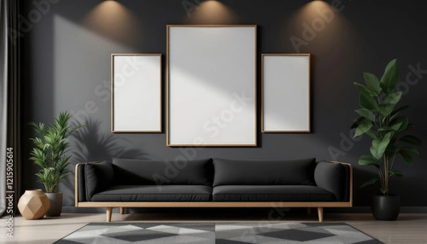 Fototapeta a black sofa with a geometric rug in front of it, and three blank picture frames hanging on the wall above the sofa. Cozy modern living room with photo frame design