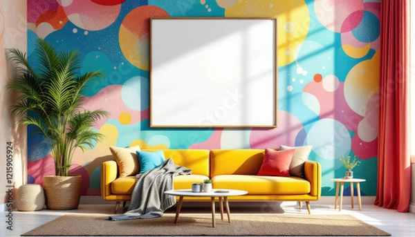 Fototapeta a vibrant, colorful wall with a large, blank white picture frame hanging above a yellow couch. Cozy modern living room with photo frame design