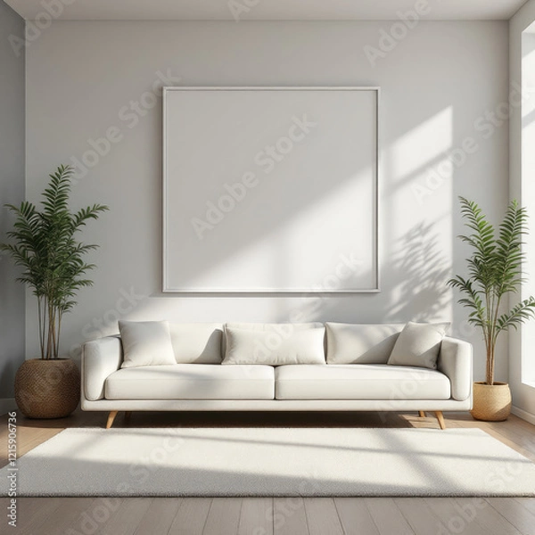 Fototapeta a white sofa with three pillows, a large white picture frame on the wall, and two potted plants on either side of the sofa. Cozy modern living room with photo frame design