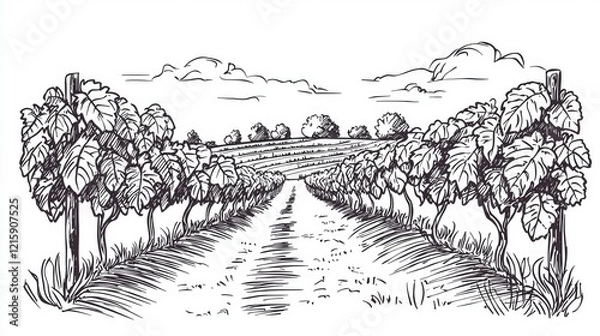 Fototapeta A hand-drawn illustration of a vineyard path lined with grapevines and trees.